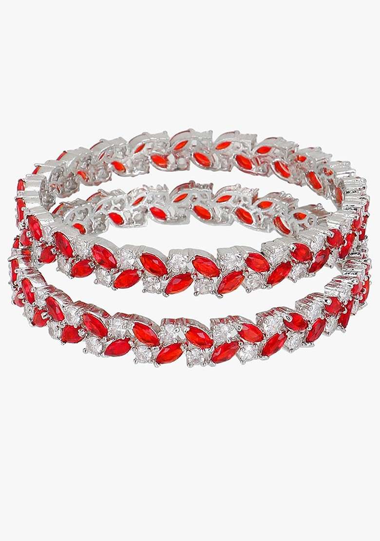 Silver  Stones Studded  Rhodium Plated Bangles (Set Of 2) - Indya