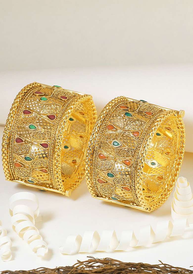 Green Stone Studded And Beaded Gold Plated Bangles (Set Of 2) - Indya