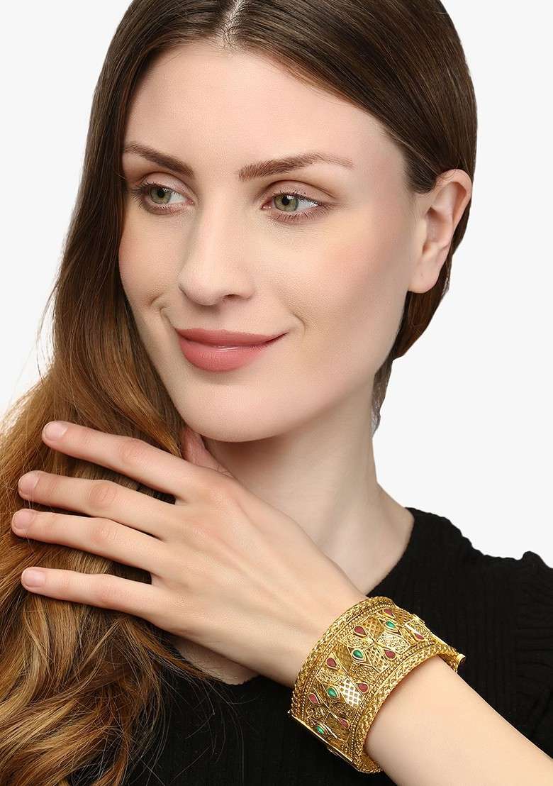 Green Stone Studded And Beaded Gold Plated Bangles (Set Of 2) - Indya