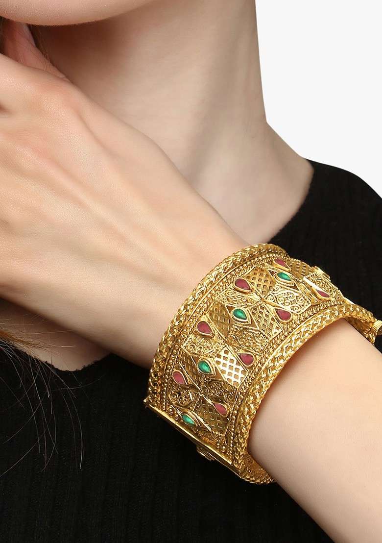 Green Stone Studded And Beaded Gold Plated Bangles (Set Of 2) - Indya