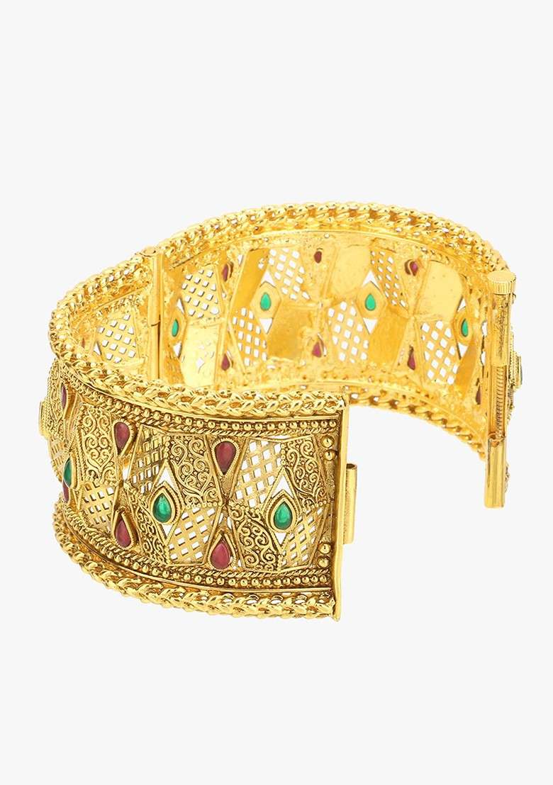 Green Stone Studded And Beaded Gold Plated Bangles (Set Of 2) - Indya