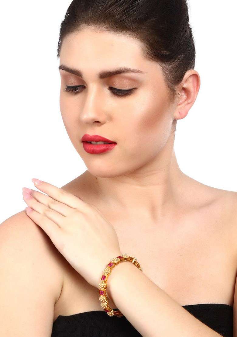 Gold Stone Studded  Gold Plated Bangles (Set Of 2) - Indya