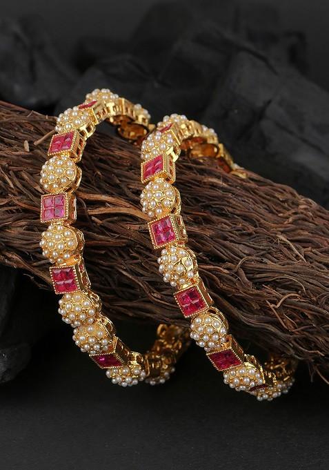 Gold Stone Studded  Gold Plated Bangles (Set Of 2)
