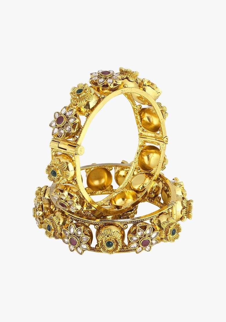 Gold Artificial Stones And Beads Gold Plated Bangle - Indya