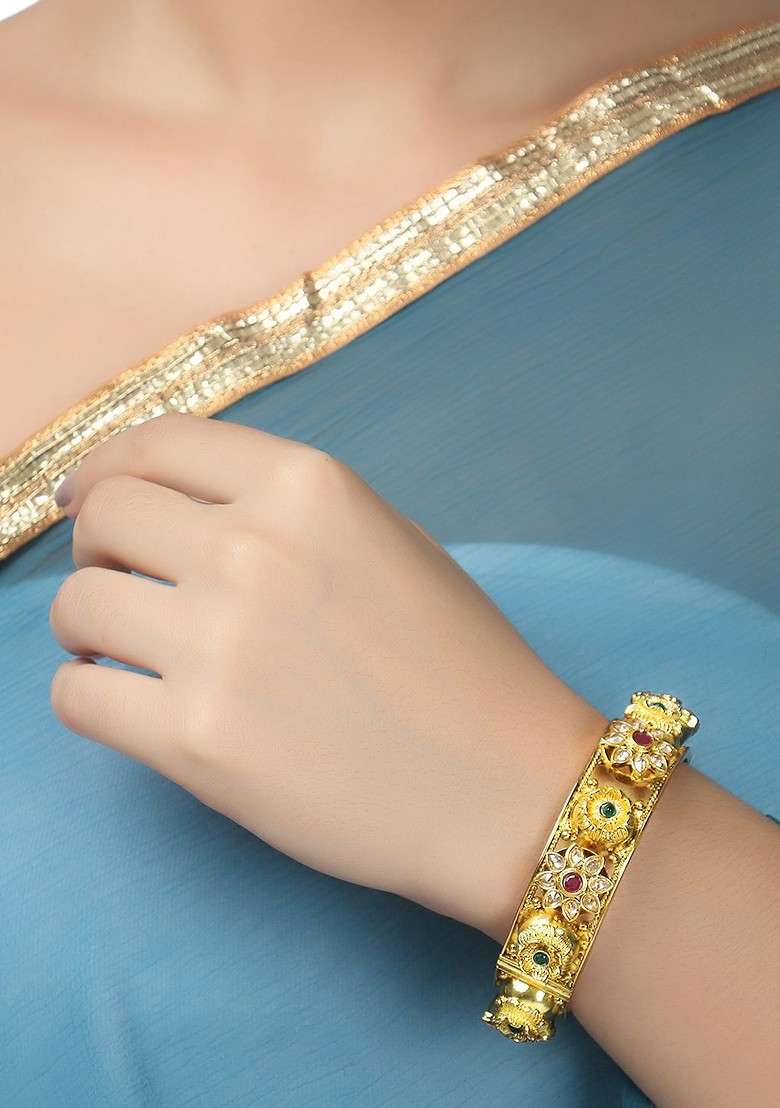 Gold Artificial Stones And Beads Gold Plated Bangle - Indya