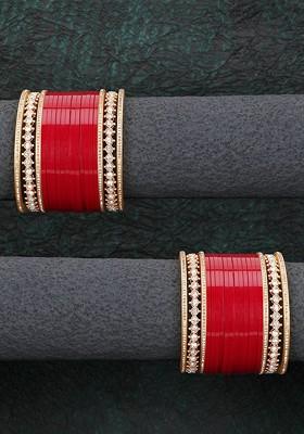 Red Stone Studded And Beaded Gold Plated Chuda Bangle Set