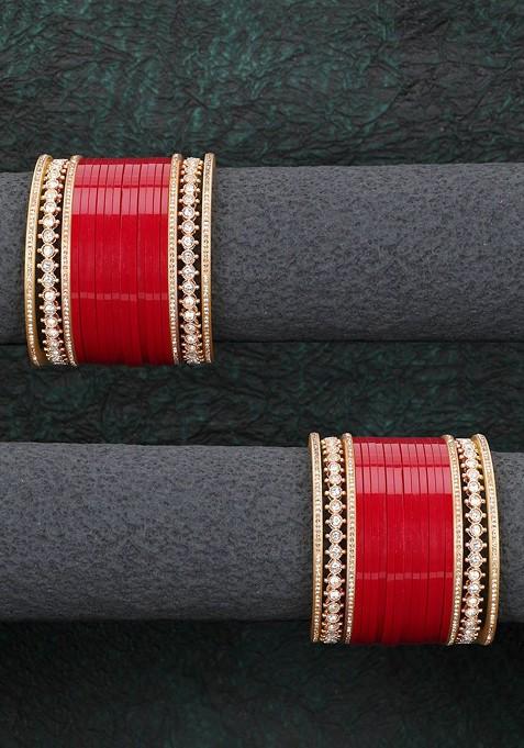 Red Stone Studded And Beaded Gold Plated Chuda Bangle Set