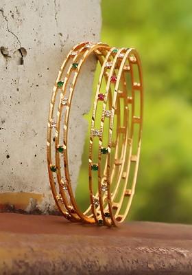 Gold Stone Studded And Beaded Gold Plated Bangles (Set Of 2)