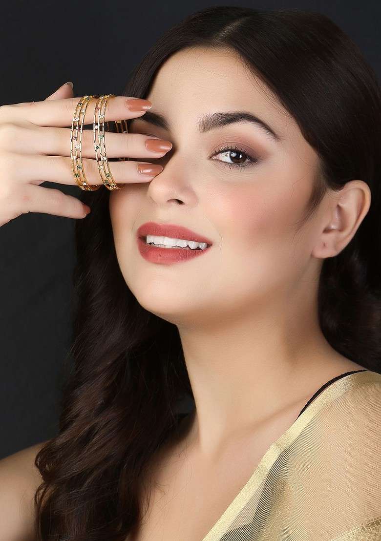 Gold Stone Studded And Beaded Gold Plated Bangles (Set Of 2) - Indya