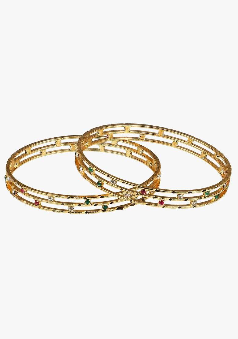 Gold Stone Studded And Beaded Gold Plated Bangles (Set Of 2) - Indya