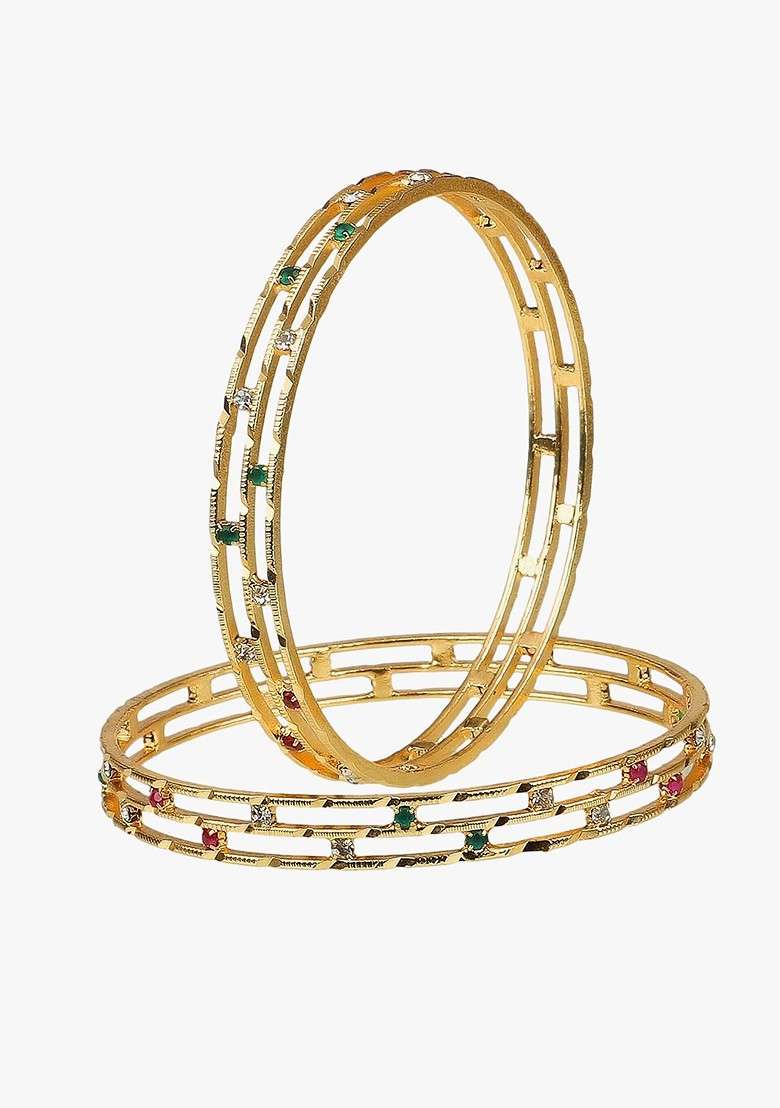 Gold Stone Studded And Beaded Gold Plated Bangles (Set Of 2) - Indya