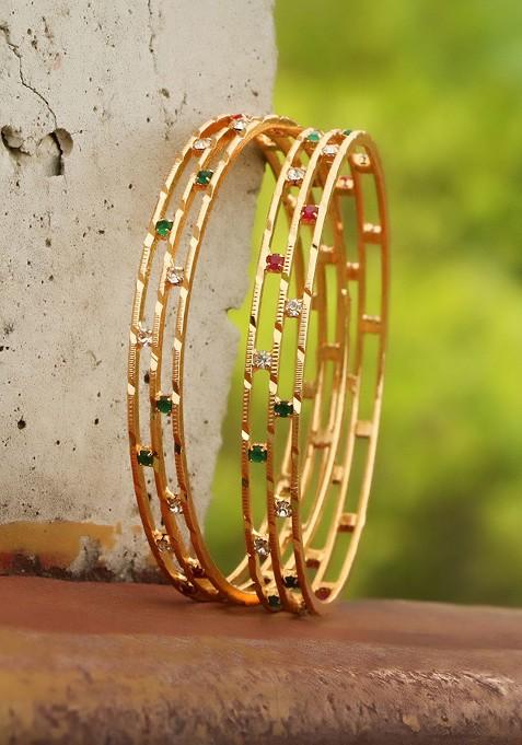 Gold Stone Studded And Beaded Gold Plated Bangles (Set Of 2)