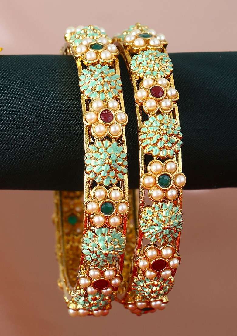 Gold Handcrafted Gold Plated Bangles (Set Of 2) - Indya