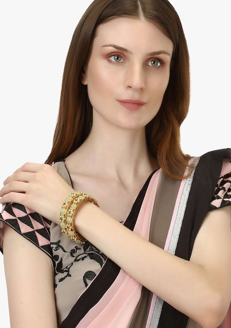 Gold Handcrafted Gold Plated Bangles (Set Of 2) - Indya