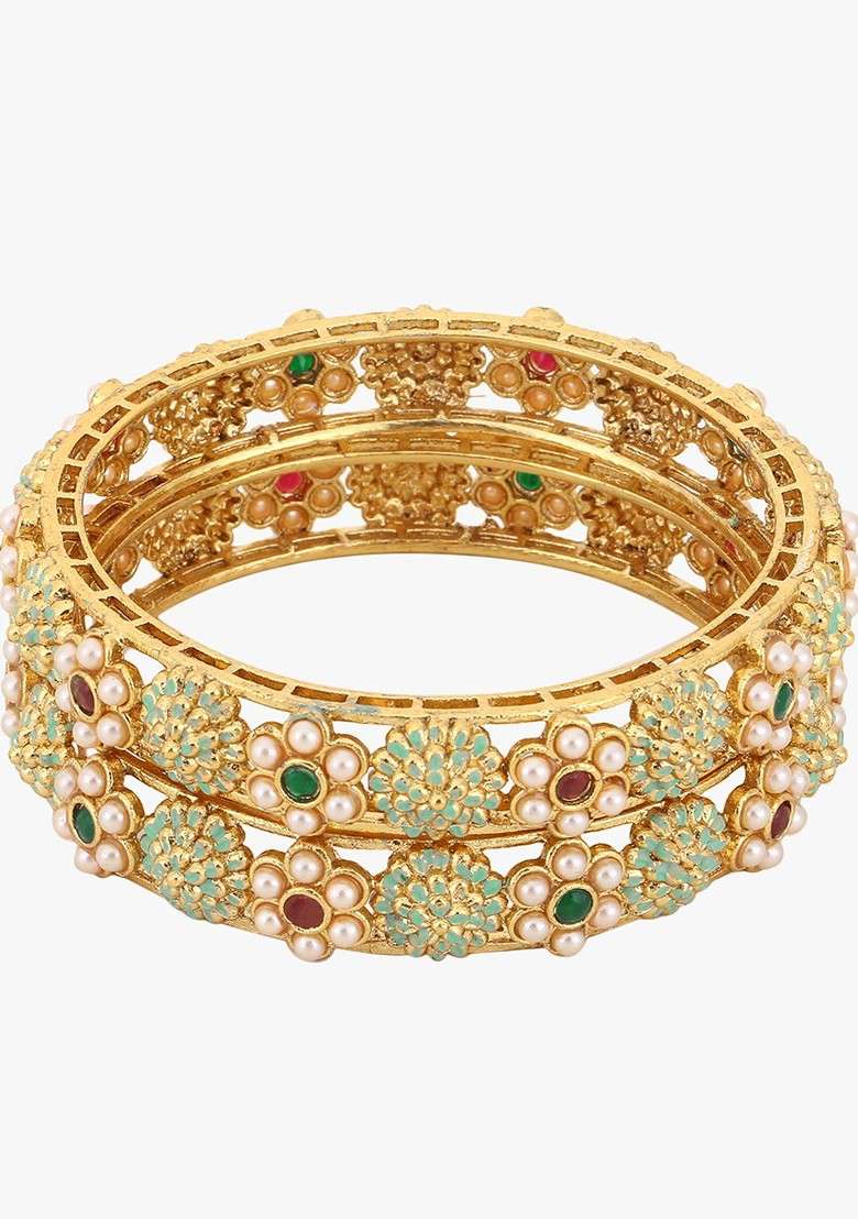 Gold Handcrafted Gold Plated Bangles (Set Of 2) - Indya