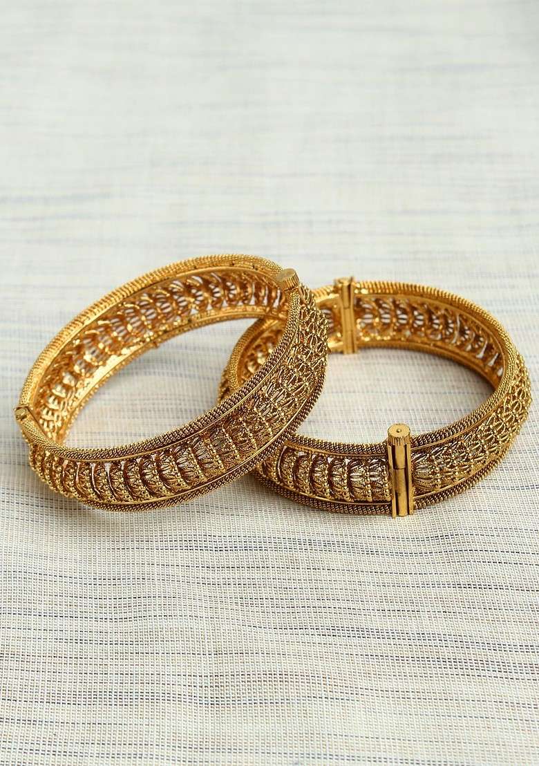 Gold Handcrafted Gold Plated Bangles (Set Of 2) - Indya
