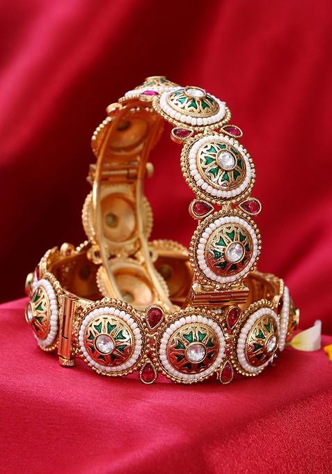 Gold Studded  And Beaded  Gold Plated Bangles (Set Of 2)