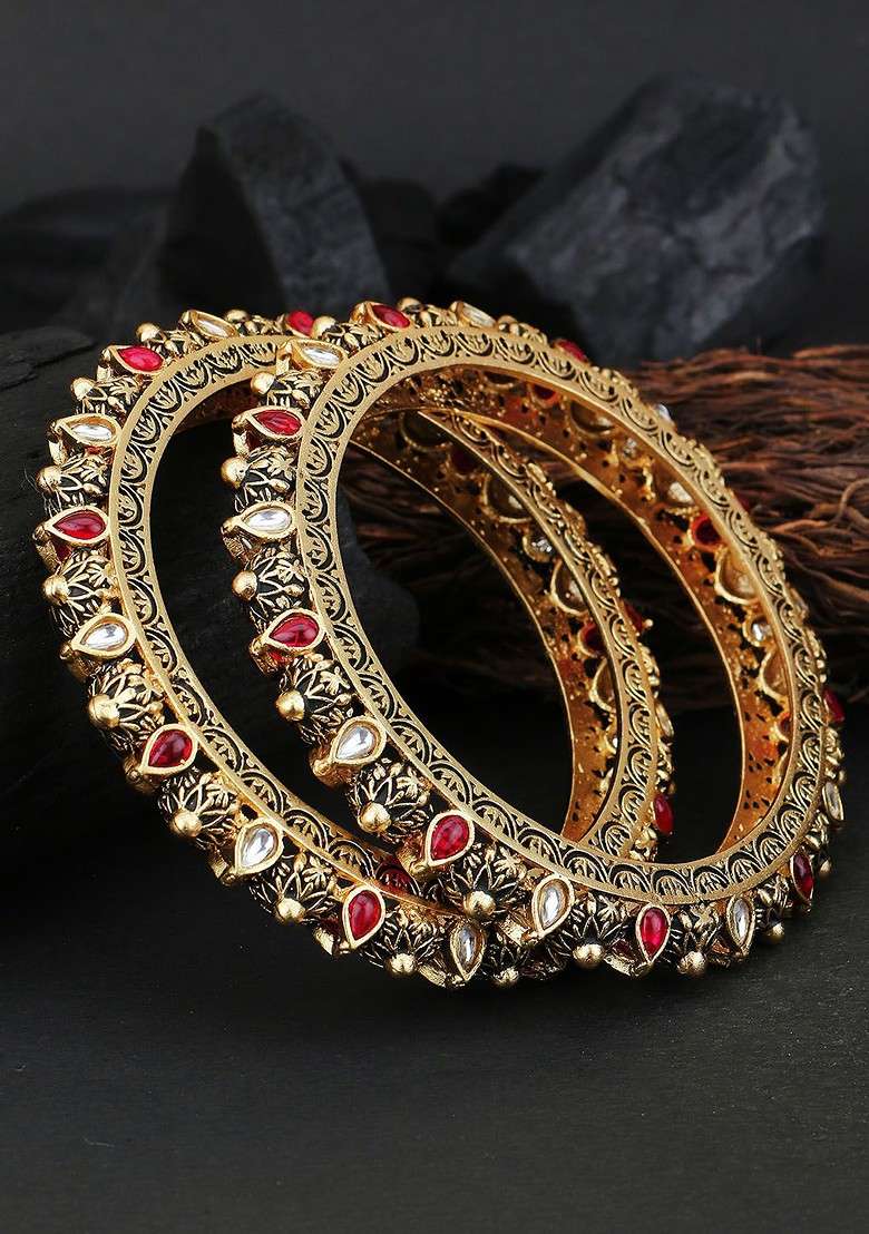 Gold Stone Studded  Gold Plated Bangles (Set Of 2) - Indya