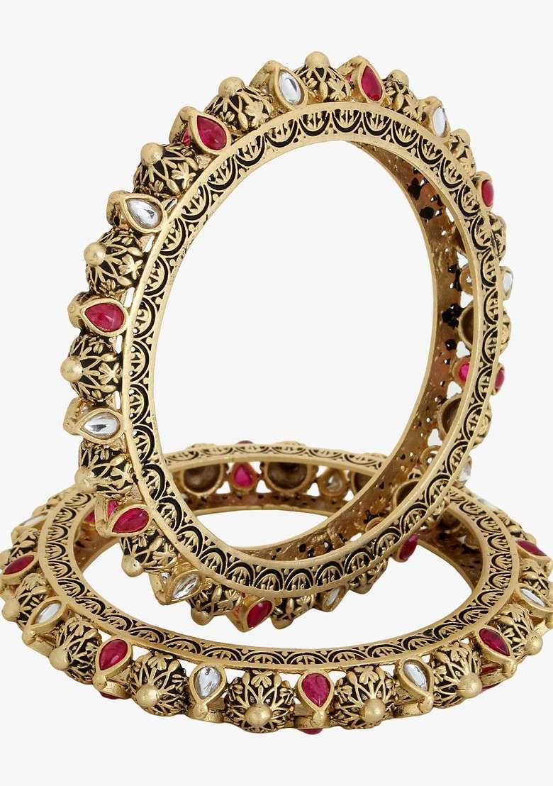 Gold Stone Studded  Gold Plated Bangles (Set Of 2) - Indya