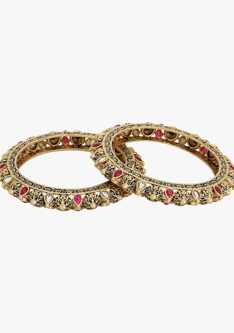 Gold Stone Studded  Gold Plated Bangles (Set Of 2) - Indya