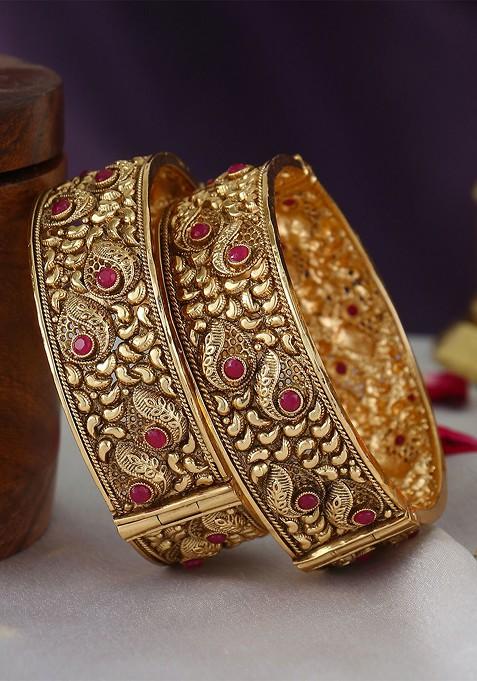 Pink Stone Studded  Gold Plated Bangles (Set Of 2)