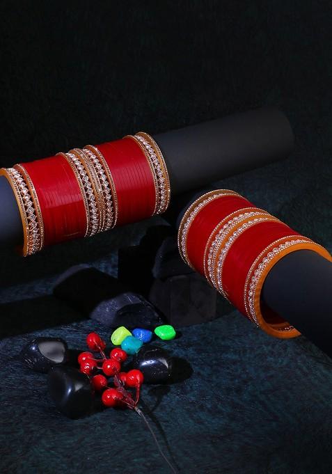 Red Stone Studded And Beaded Gold Plated Bangles (Set Of 2)