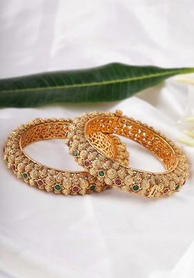Gold Artificial Stones And Beads Gold Plated Bangles (Set Of 2)