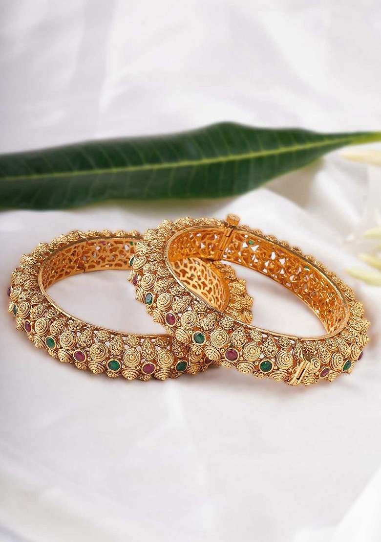 Gold Artificial Stones And Beads Gold Plated Bangles (Set Of 2) - Indya