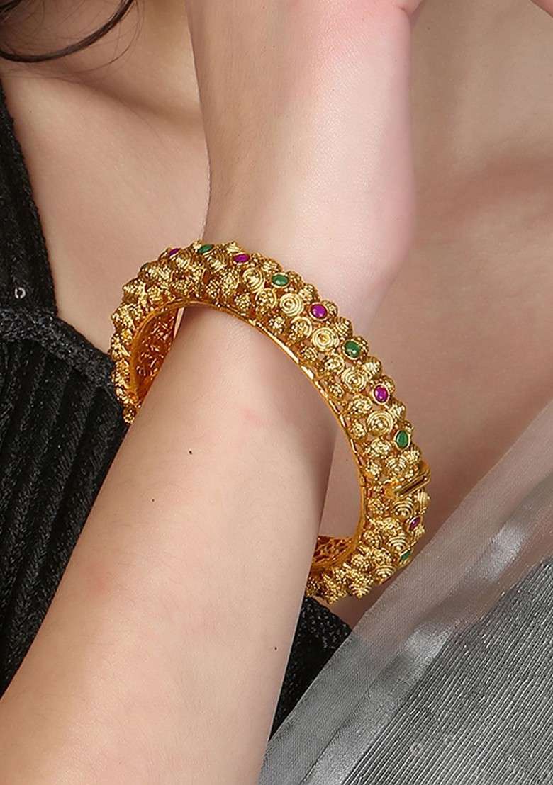 Gold Artificial Stones And Beads Gold Plated Bangles (Set Of 2) - Indya