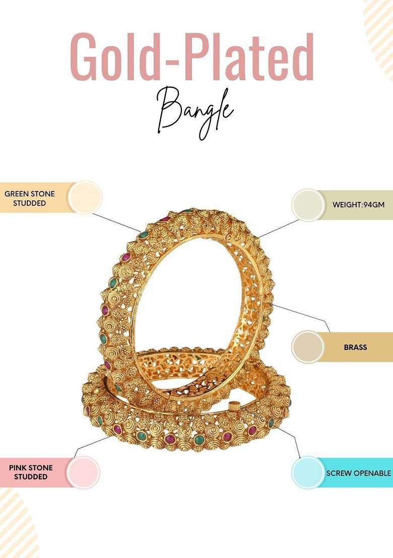 Gold Artificial Stones And Beads Gold Plated Bangles (Set Of 2) - Indya