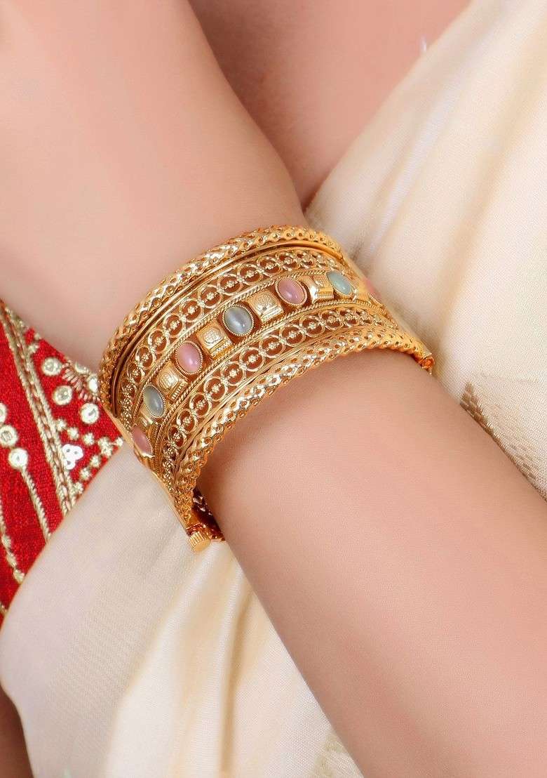 Gold  Stones Studded  Gold Plated Bangles (Set Of 2) - Indya
