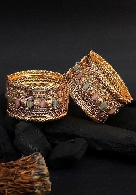 Gold  Stones Studded  Gold Plated Bangles (Set Of 2)