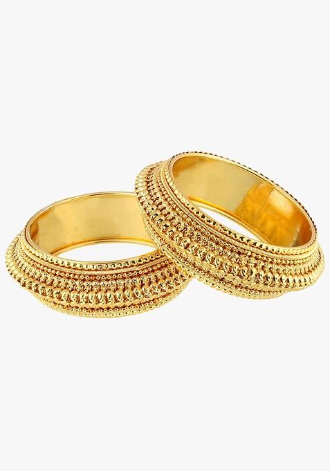 Gold Stone Studded And Beaded Gold Plated Bangles (Set Of 2)