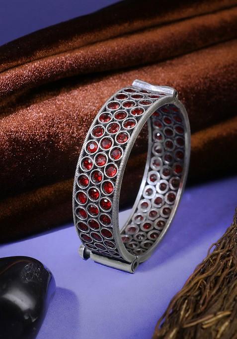 Red Stone Studded  Silver Plated  Bangle