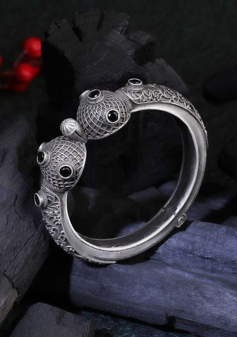 Black Stone Studded  Silver Plated  Bangle - Indya