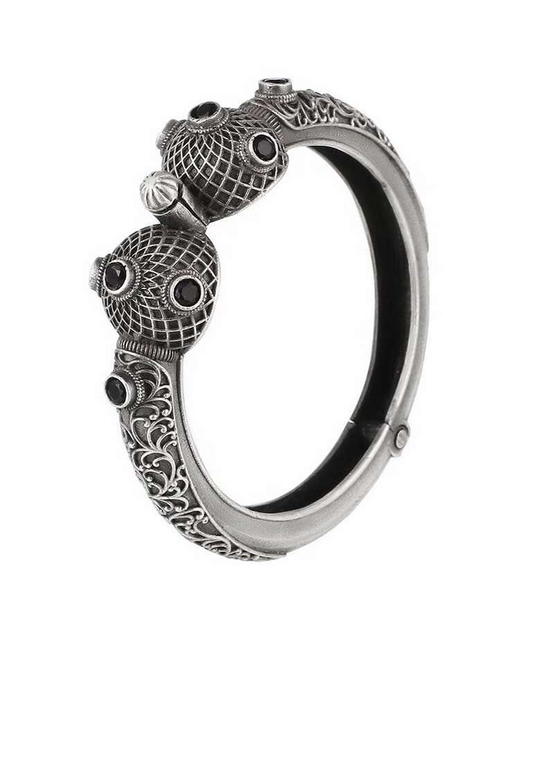 Black Stone Studded  Silver Plated  Bangle - Indya