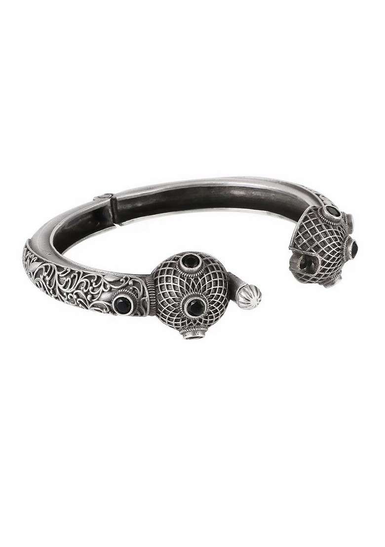 Black Stone Studded  Silver Plated  Bangle - Indya