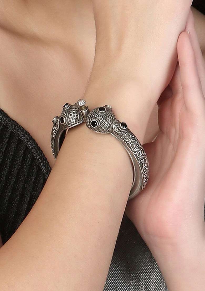 Black Stone Studded  Silver Plated  Bangle - Indya