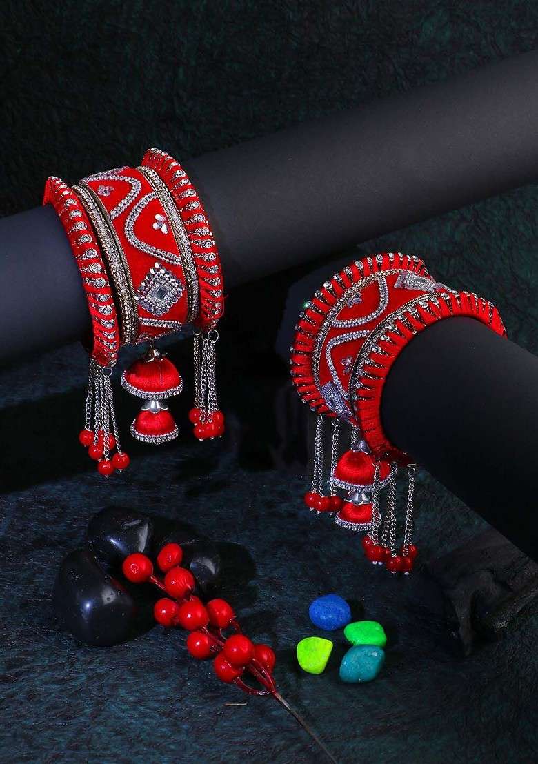 Red Stone Studded  Silver Plated  Bangle - Indya