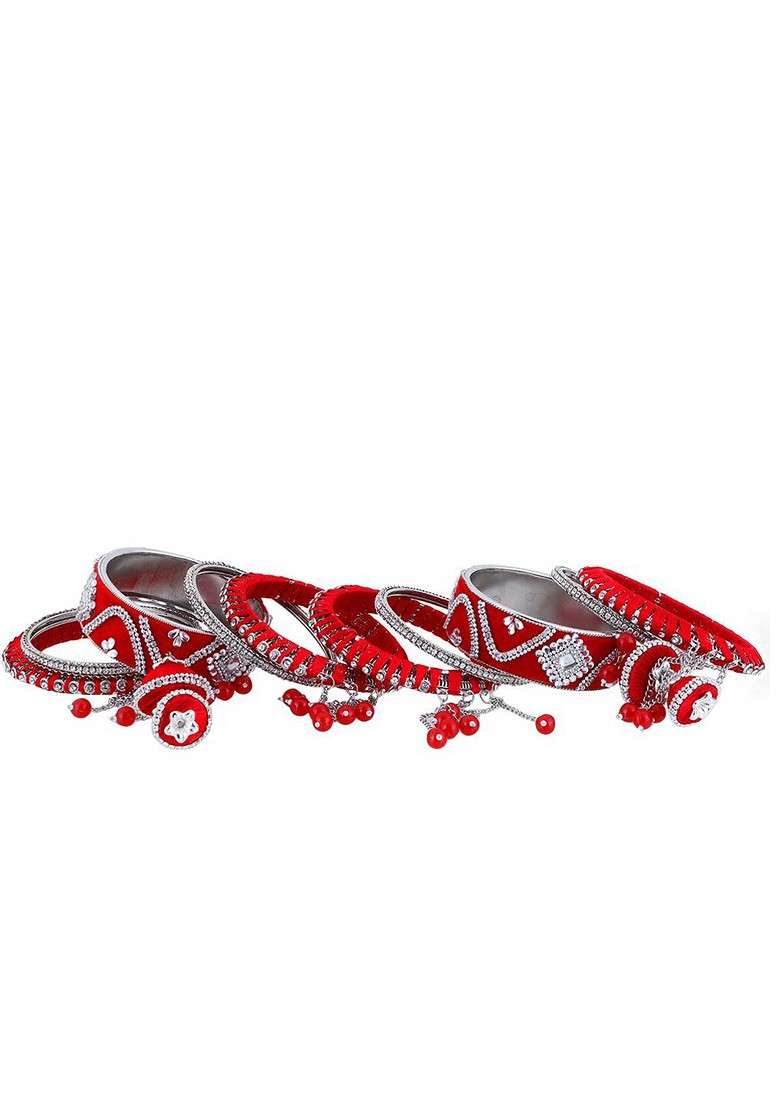 Red Stone Studded  Silver Plated  Bangle - Indya