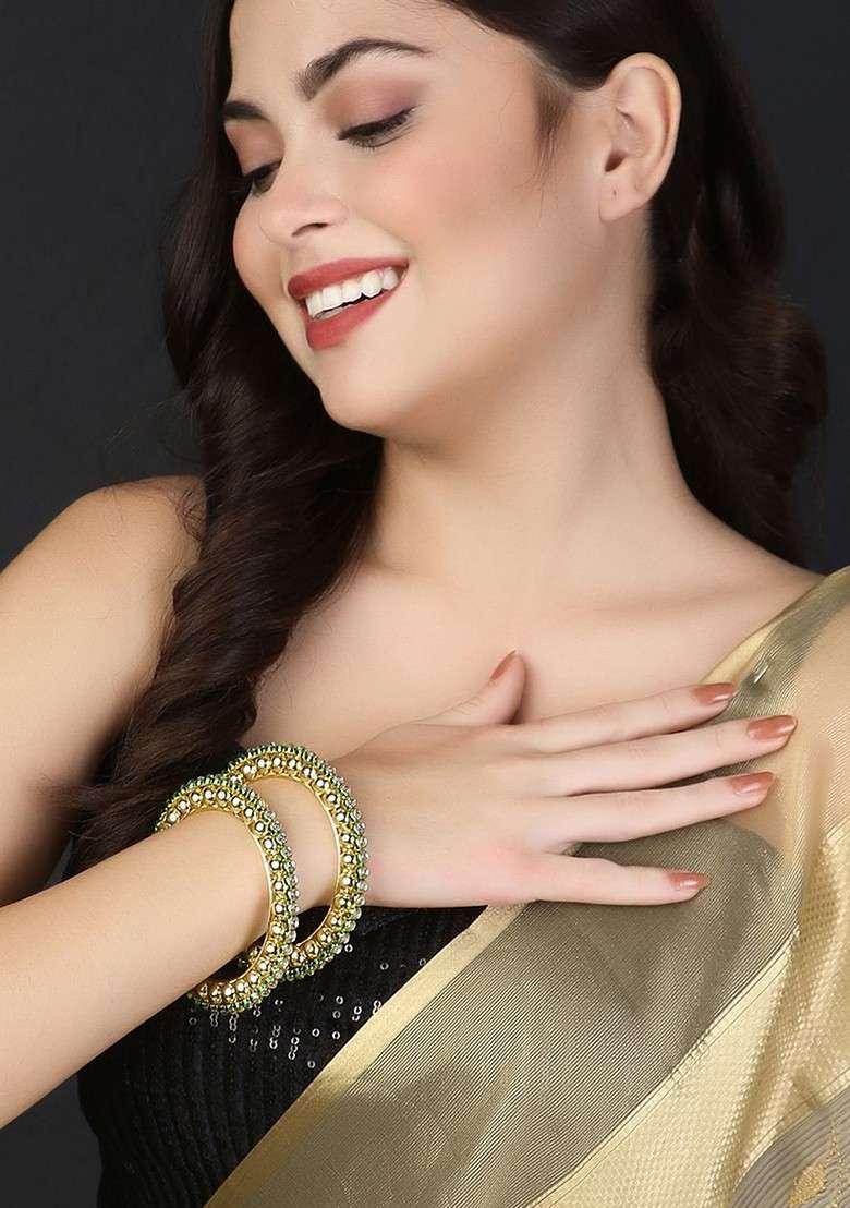 Gold Studded  And Beaded  Gold Plated Bangle - Indya
