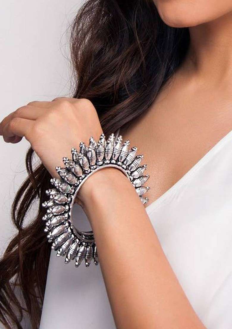 Silver Handcrafted Silver Plated  Bangles (Set Of 2) - Indya