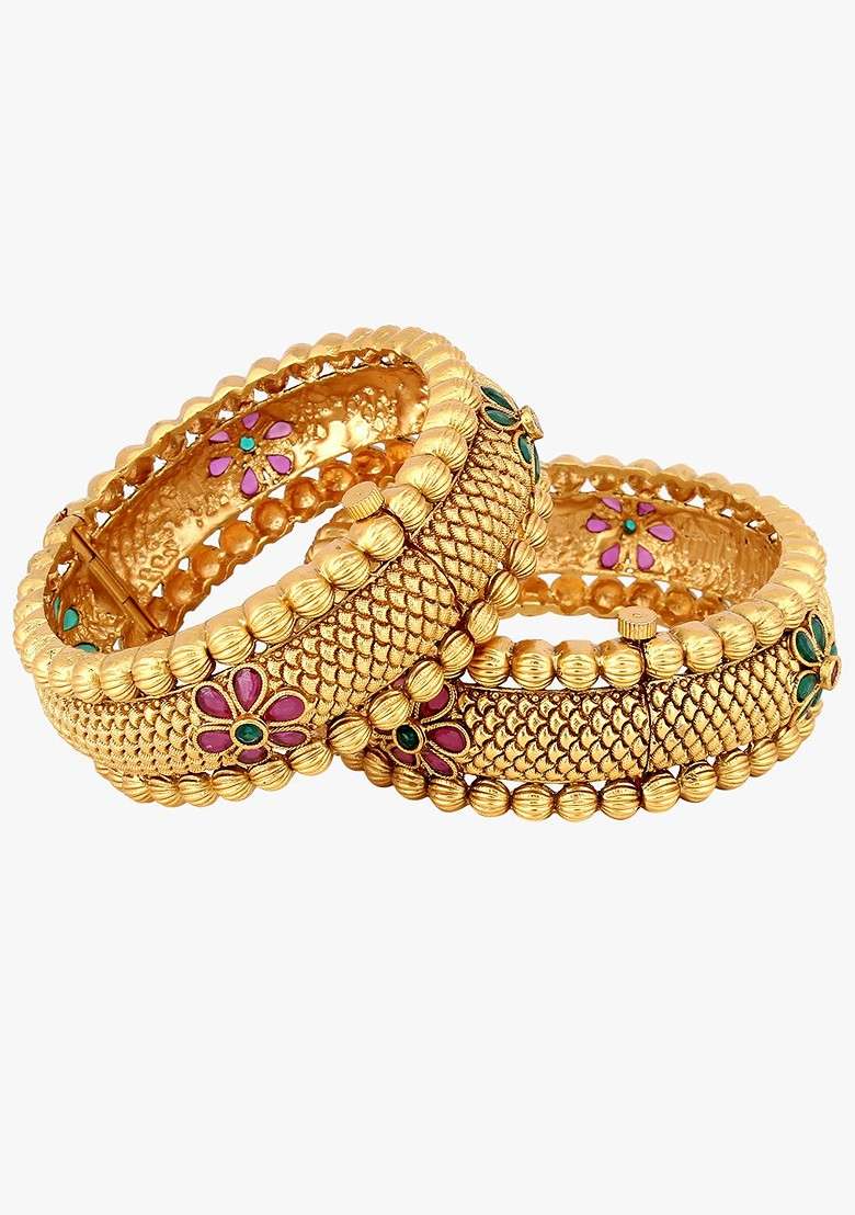 Gold Stone Studded  Gold Plated Bangles (Set Of 2) - Indya