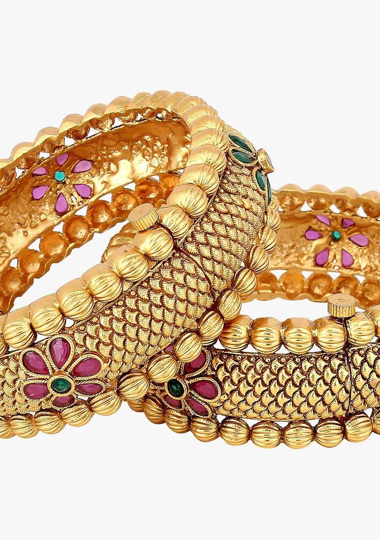 Gold Stone Studded  Gold Plated Bangles (Set Of 2) - Indya