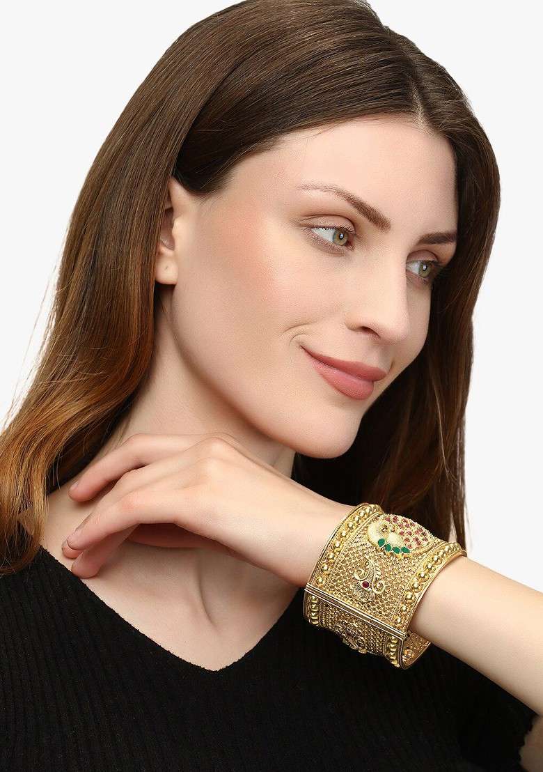 Gold Stone Studded And Beaded Gold Plated Bangles (Set Of 2) - Indya