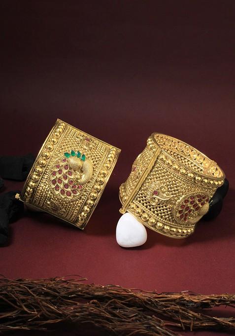 Gold Stone Studded And Beaded Gold Plated Bangles (Set Of 2)