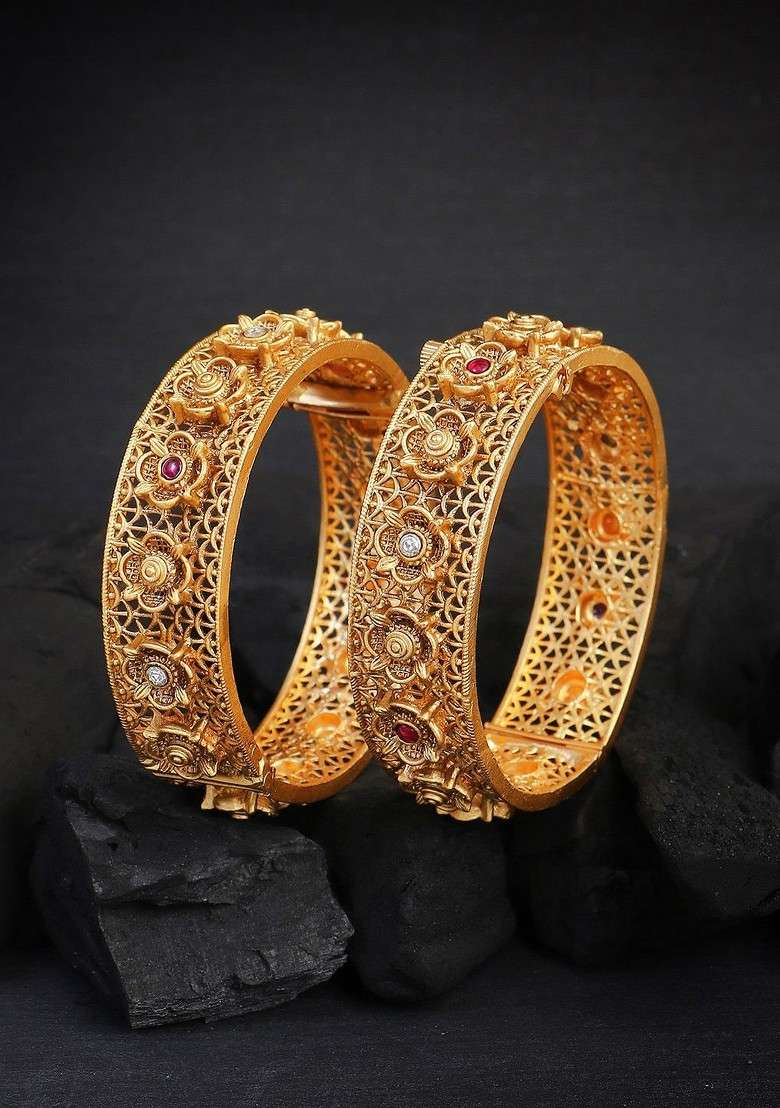 Gold Stone Studded  Gold Plated Bangles (Set Of 2) - Indya