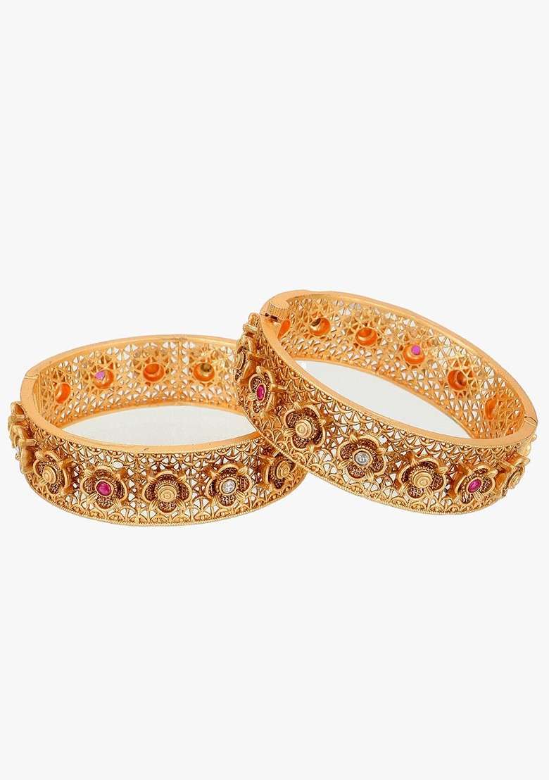 Gold Stone Studded  Gold Plated Bangles (Set Of 2) - Indya