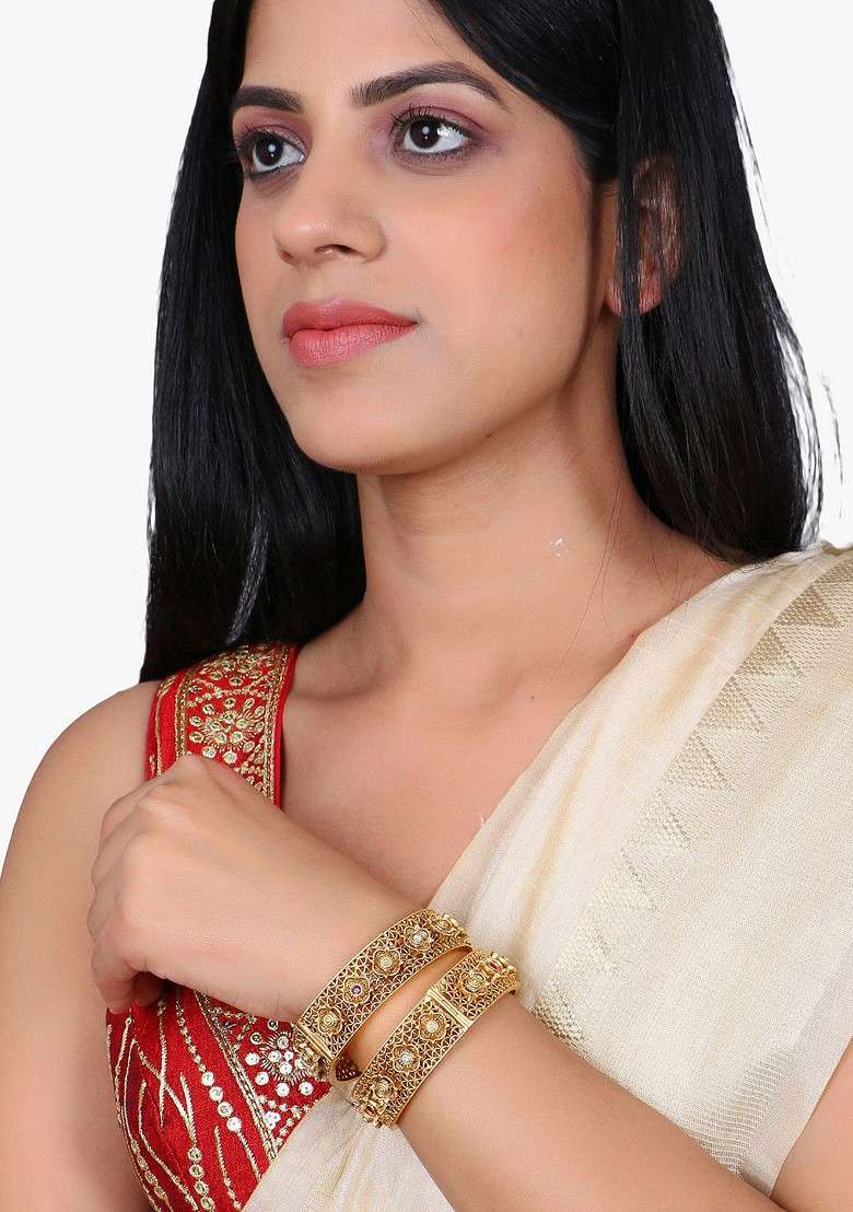 Gold Stone Studded  Gold Plated Bangles (Set Of 2) - Indya