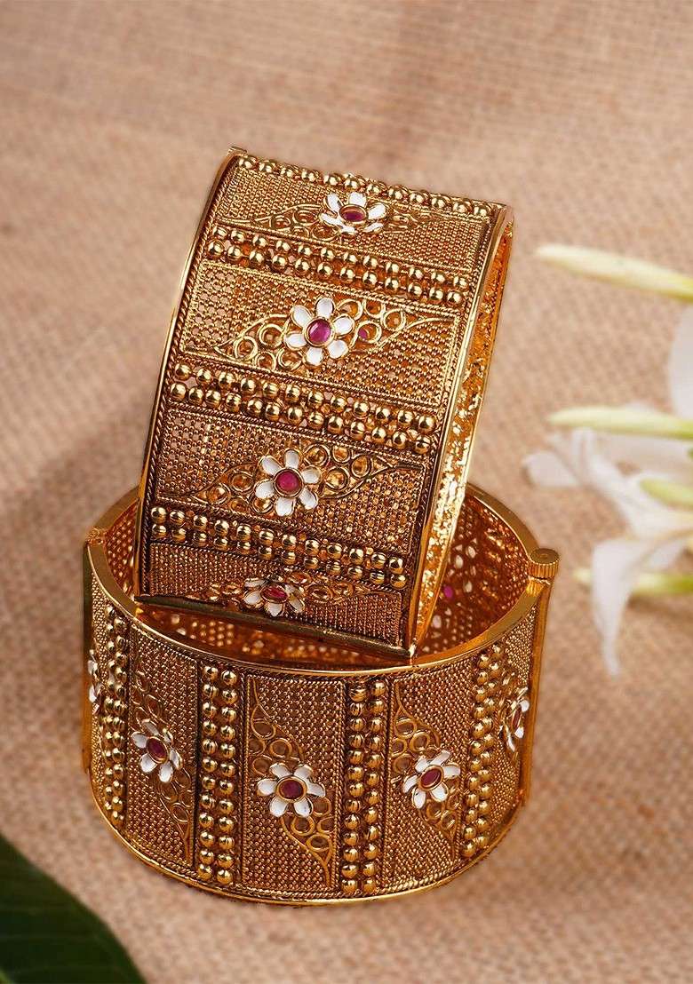 Pink Stone Studded  Gold Plated Bangles (Set Of 2) - Indya